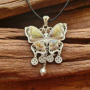 Golden‑Yellow Iridescent Embroidered Butterfly Coin‑Tassel Pendant, Oriental Vintage Hollow Silver‑Tone Ethnic Necklace Charm