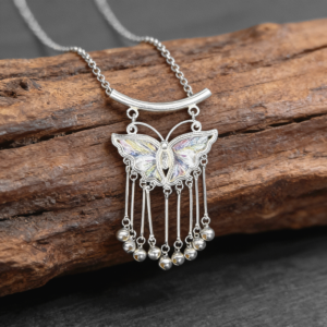Iridescent Rainbow‑Embroidered Butterfly Bell‑Tassel Pendant, Oriental Vintage Curved‑Bar Silver‑Tone Ethnic Necklace Charm