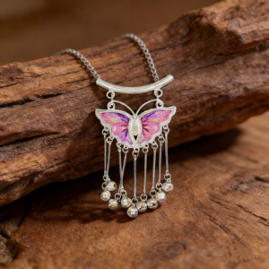 Hot‑Pink Iridescent Embroidered Butterfly Bell‑Tassel Pendant, Oriental Vintage Curved‑Bar Silver‑Tone Ethnic Necklace Charm