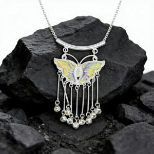 Golden‑Yellow Purple‑Veined Embroidered Butterfly Bell‑Tassel Pendant, Oriental Vintage Curved‑Bar Silver‑Tone Ethnic Necklace Charm