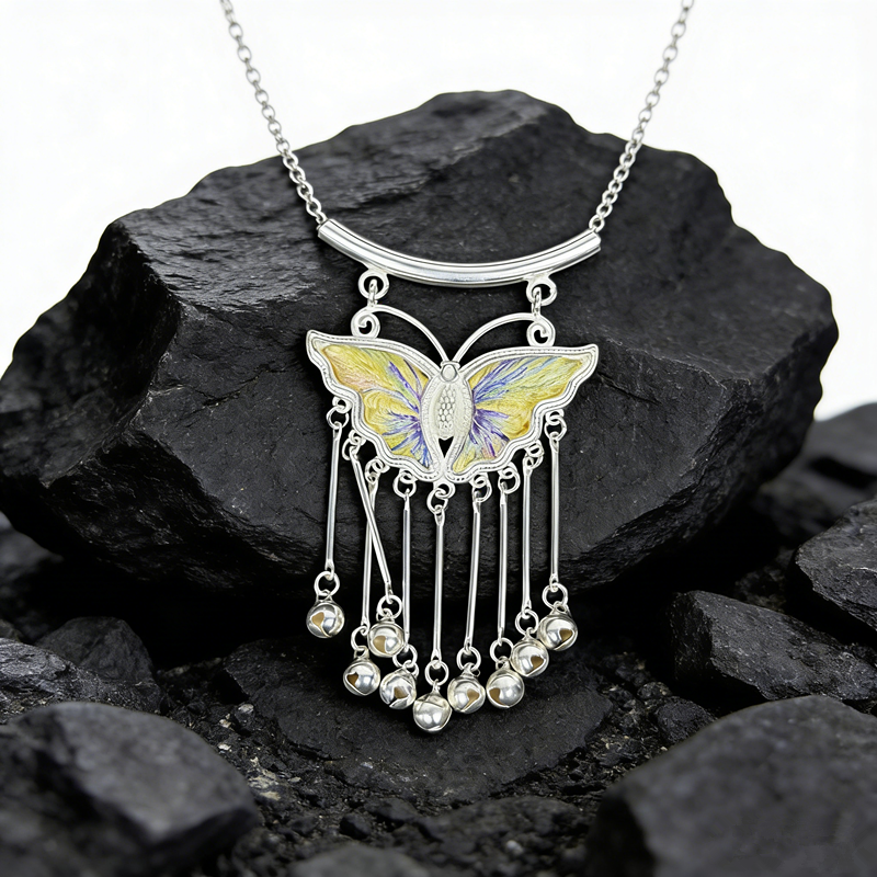 Golden‑Yellow Purple‑Veined Embroidered Butterfly Bell‑Tassel Pendant, Oriental Vintage Curved‑Bar Silver‑Tone Ethnic Necklace Charm