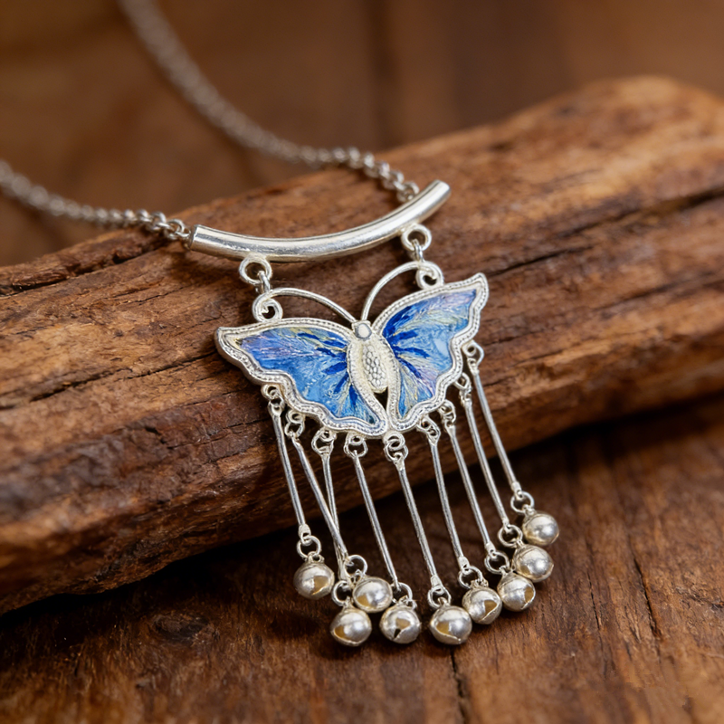 Sky‑Blue Royal‑Veined Embroidered Butterfly Bell‑Tassel Pendant, Oriental Vintage Curved‑Bar Silver‑Tone Ethnic Necklace Charm