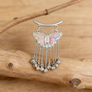 Pastel‑Pink Iridescent Rainbow‑Embroidered Butterfly Bell‑Tassel Pendant, Oriental Vintage Curved‑Bar Silver‑Tone Ethnic Necklace Charm
