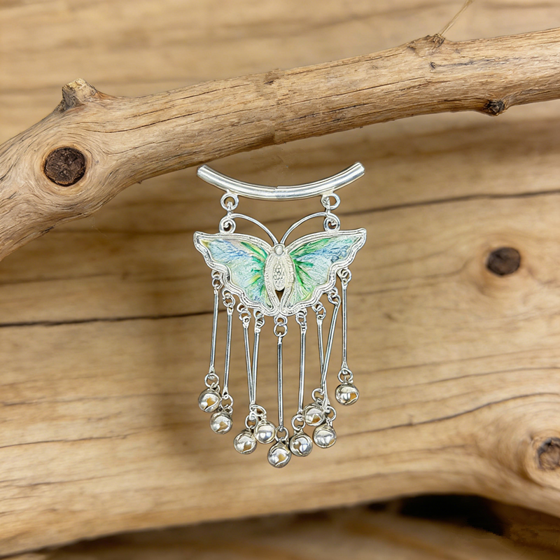 Pastel‑Pink Iridescent Rainbow‑Embroidered Butterfly Bell‑Tassel Pendant, Oriental Vintage Curved‑Bar Silver‑Tone Ethnic Necklace Charm