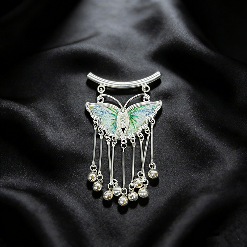 Pastel‑Pink Iridescent Rainbow‑Embroidered Butterfly Bell‑Tassel Pendant, Oriental Vintage Curved‑Bar Silver‑Tone Ethnic Necklace Charm - 图片 6