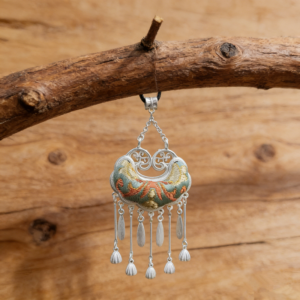 Green‑Base Colorful Embroidered Ruyi Lock Tassel Pendant, Vintage Hollow Silver‑Tone Oriental Ethnic Statement Necklace Charm