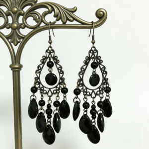 Vintage Bronze‑Tone Teardrop Lace‑Filigree Black Onyx Bead Tassel Dangle Earrings, Gothic Boho Ethnic Fringe Drop Earrings for Women