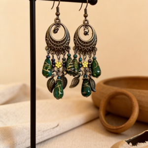 Vintage Bronze‑Tone Sun‑Pattern Circular Green Veined‑Bead Leaf‑Tassel Dangle Earrings, Tribal Boho Ethnic Fringe Drop Earrings for Women