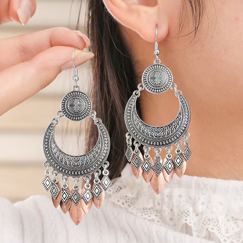 Vintage Tribal Crescent Moon Tassel Dangle Earrings Two-Tone Antique Silver Copper Leaf Fringe Drop Earrings Ethnic Bohemian Gypsy Jewelry For Women - 图片 2