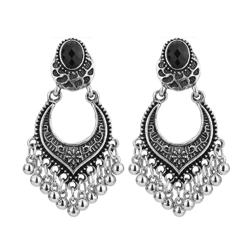 Vintage Oxidized Silver Crescent Moon Bell Tassel Dangle Earrings Oval Black Crystal Tribal Fringe Drop Earrings Bohemian Gypsy Statement Jewelry for Women - 图片 2