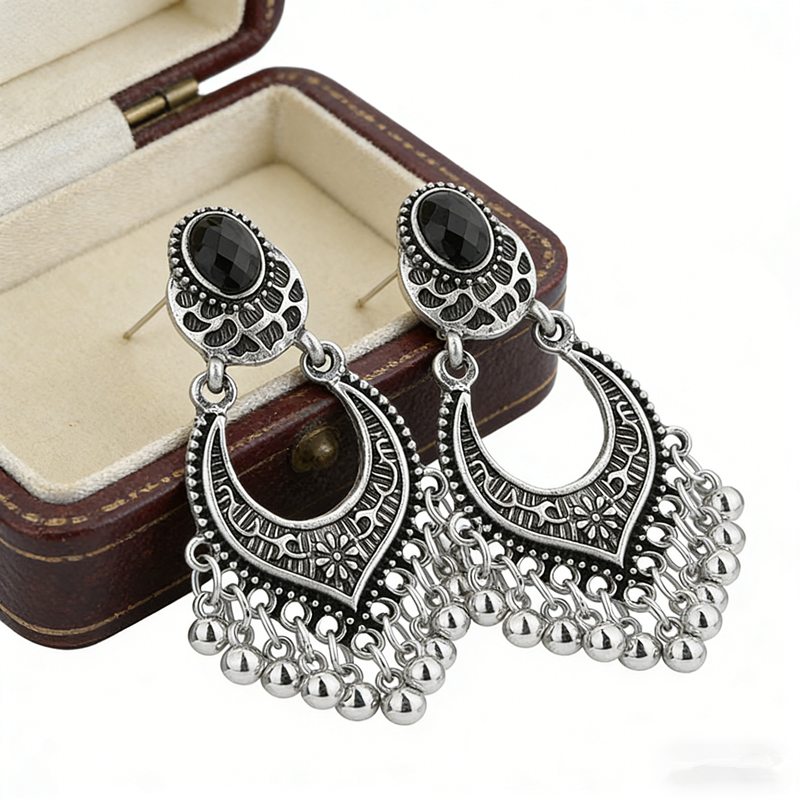 Vintage Oxidized Silver Crescent Moon Bell Tassel Dangle Earrings Oval Black Crystal Tribal Fringe Drop Earrings Bohemian Gypsy Statement Jewelry for Women - 图片 3