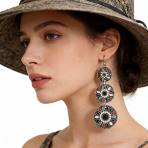Three-Tier Colorful Enamel Mandala Dangle Earrings Vintage Antique Silver Multi-Color Floral Round Disc Drop Earrings Southwest Bohemian Ethnic Statement Jewelry For Women