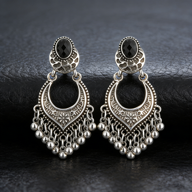 Vintage Oxidized Silver Crescent Moon Bell Tassel Dangle Earrings Oval Black Crystal Tribal Fringe Drop Earrings Bohemian Gypsy Statement Jewelry for Women - 图片 4
