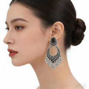 Vintage Oxidized Silver Crescent Moon Bell Tassel Dangle Earrings Oval Black Crystal Tribal Fringe Drop Earrings Bohemian Gypsy Statement Jewelry for Women
