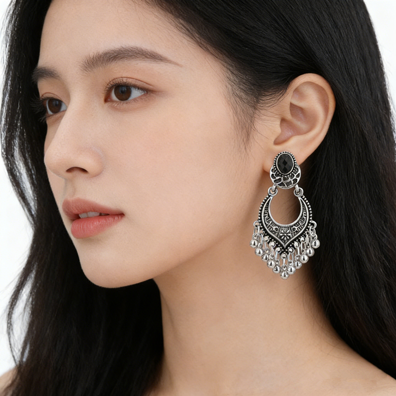 Vintage Oxidized Silver Crescent Moon Bell Tassel Dangle Earrings Oval Black Crystal Tribal Fringe Drop Earrings Bohemian Gypsy Statement Jewelry for Women - 图片 6