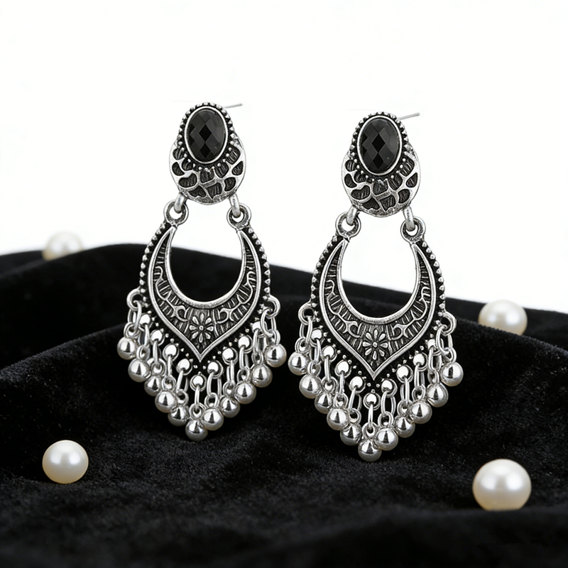Vintage Oxidized Silver Crescent Moon Bell Tassel Dangle Earrings Oval Black Crystal Tribal Fringe Drop Earrings Bohemian Gypsy Statement Jewelry for Women - 图片 8