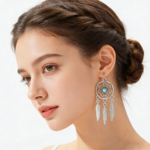 Vintage Turquoise Dreamcatcher Dangle Earrings Boho Silver Feather Tassel Drop Earrings Western Bohemian Jewelry For Women