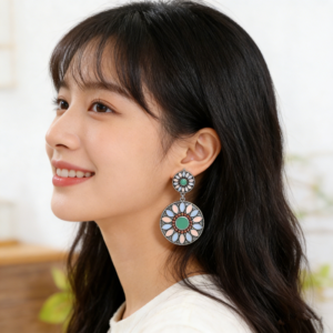 Boho Two-Tier Floral Enamel Dangle Earrings Vintage Antique Silver Mandala Round Drop Earrings Ethnic Western Colorful Flower Jewelry for Women