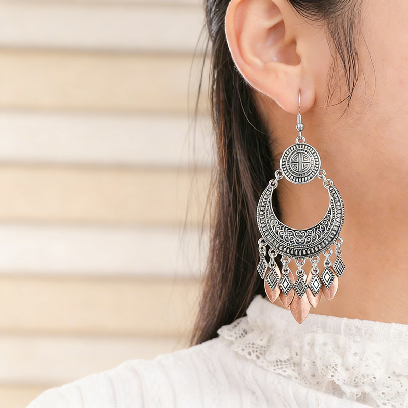 Vintage Tribal Crescent Moon Tassel Dangle Earrings Two-Tone Antique Silver Copper Leaf Fringe Drop Earrings Ethnic Bohemian Gypsy Jewelry For Women - 图片 3