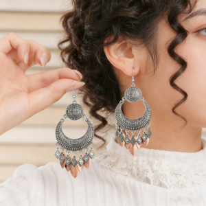 Vintage Tribal Crescent Moon Tassel Dangle Earrings Two-Tone Antique Silver Copper Leaf Fringe Drop Earrings Ethnic Bohemian Gypsy Jewelry For Women