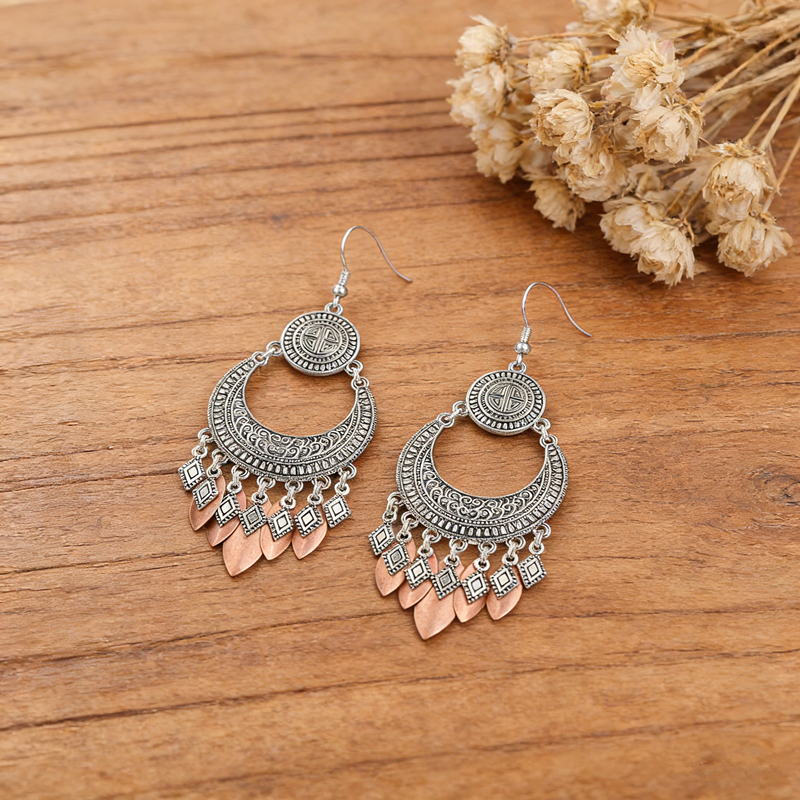 Vintage Tribal Crescent Moon Tassel Dangle Earrings Two-Tone Antique Silver Copper Leaf Fringe Drop Earrings Ethnic Bohemian Gypsy Jewelry For Women - 图片 6