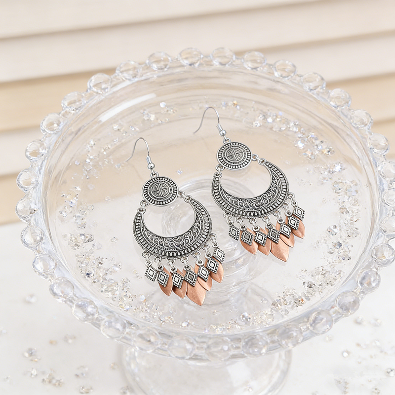 Vintage Tribal Crescent Moon Tassel Dangle Earrings Two-Tone Antique Silver Copper Leaf Fringe Drop Earrings Ethnic Bohemian Gypsy Jewelry For Women - 图片 7