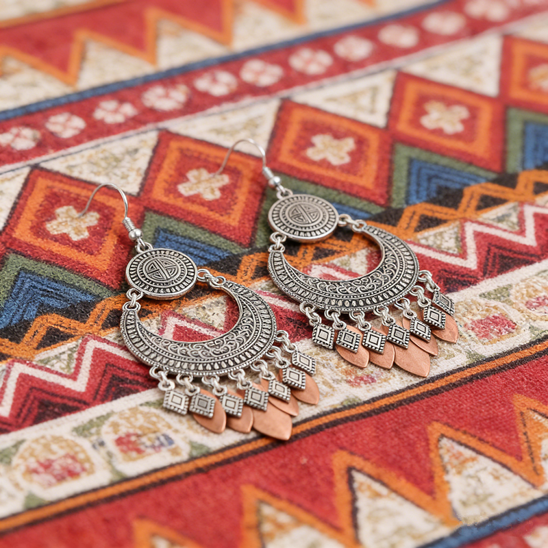 Vintage Tribal Crescent Moon Tassel Dangle Earrings Two-Tone Antique Silver Copper Leaf Fringe Drop Earrings Ethnic Bohemian Gypsy Jewelry For Women - 图片 8
