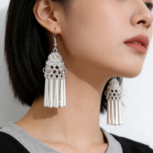 Vintage Ethnic Silver Bell Tassel Dangle Earrings Miao Style Hollow Carved Long Tube Fringe Drop Earrings Bohemian Traditional Chinese Tribal Statement Jewelry for Women