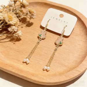 Chinese Gourd Enamel Long Tassel Dangle Earrings Gold Chain Pearl Drop Earrings Vintage Oriental Floral Calabash Statement Earrings For Women