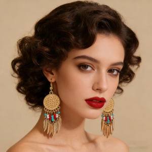 Boho Mandala Coin Feather Tassel Dangle Earrings Colorful Red White Turquoise Bead Fringe Drop Earrings Vintage Gold Western Ethnic Festival Jewelry For Women