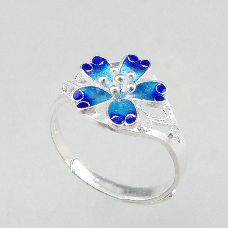 Vintage Filigree Sterling Silver Flower Ring Enamel Blue Floral Adjustable Open Ring Handmade Cloisonne Silver Jewelry For Women Gift - 图片 9