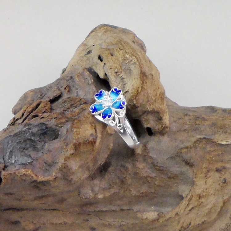 Vintage Filigree Sterling Silver Flower Ring Enamel Blue Floral Adjustable Open Ring Handmade Cloisonne Silver Jewelry For Women Gift - 图片 2