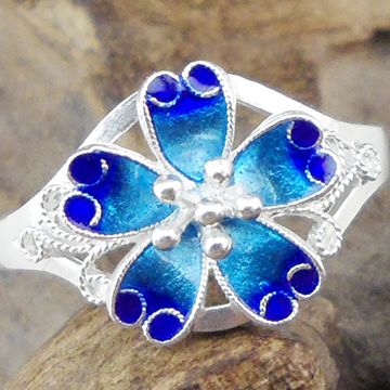 Vintage Filigree Sterling Silver Flower Ring Enamel Blue Floral Adjustable Open Ring Handmade Cloisonne Silver Jewelry For Women Gift
