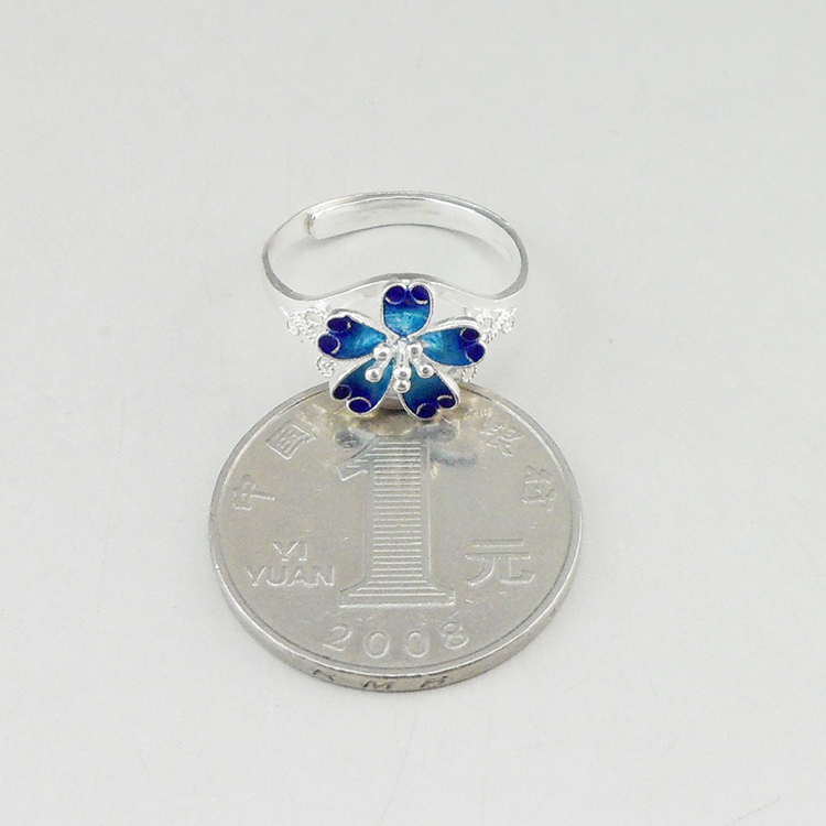 Vintage Filigree Sterling Silver Flower Ring Enamel Blue Floral Adjustable Open Ring Handmade Cloisonne Silver Jewelry For Women Gift - 图片 6