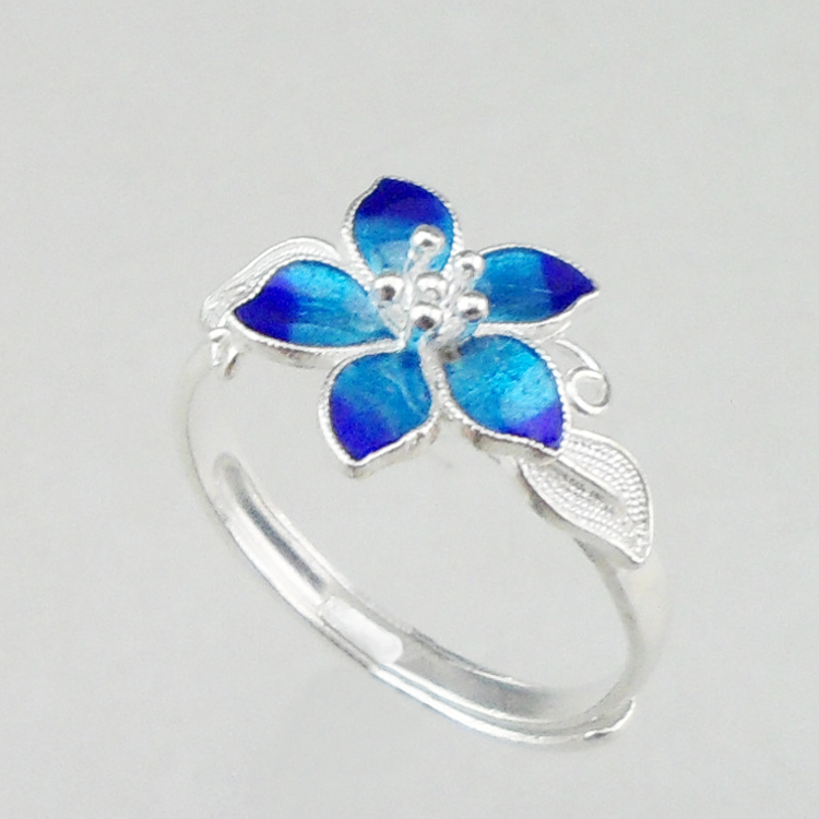 Handmade Chinese Cloisonne Filigree Silver Ring Gradient Blue Enamel 5 Petal Flower Leaf Adjustable Open 925 Sterling Silver Ring Women Ethnic Jewelry Gift - 图片 2