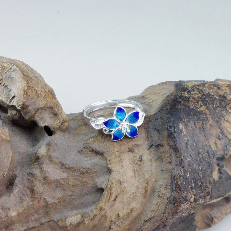 Handmade Chinese Cloisonne Filigree Silver Ring Gradient Blue Enamel 5 Petal Flower Leaf Adjustable Open 925 Sterling Silver Ring Women Ethnic Jewelry Gift - 图片 3