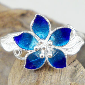 Handmade Chinese Cloisonne Filigree Silver Ring Gradient Blue Enamel 5 Petal Flower Leaf Adjustable Open 925 Sterling Silver Ring Women Ethnic Jewelry Gift