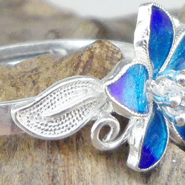 Handmade Chinese Cloisonne Filigree Silver Ring Gradient Blue Enamel 5 Petal Flower Leaf Adjustable Open 925 Sterling Silver Ring Women Ethnic Jewelry Gift - 图片 5