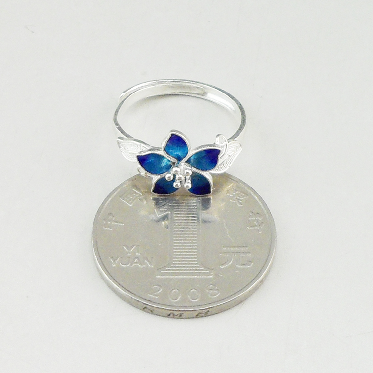 Handmade Chinese Cloisonne Filigree Silver Ring Gradient Blue Enamel 5 Petal Flower Leaf Adjustable Open 925 Sterling Silver Ring Women Ethnic Jewelry Gift - 图片 7