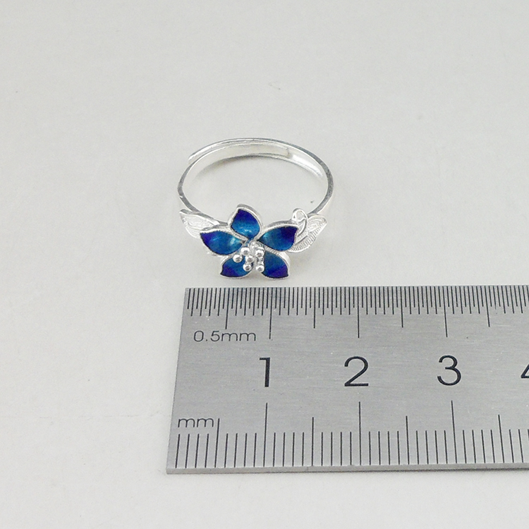 Handmade Chinese Cloisonne Filigree Silver Ring Gradient Blue Enamel 5 Petal Flower Leaf Adjustable Open 925 Sterling Silver Ring Women Ethnic Jewelry Gift - 图片 8