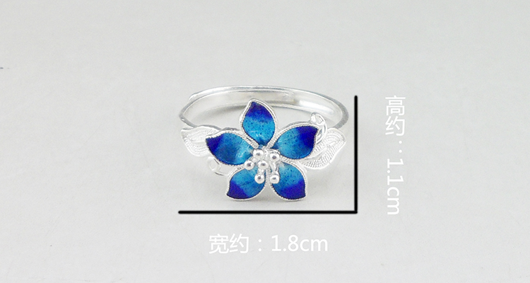 Handmade Chinese Cloisonne Filigree Silver Ring Gradient Blue Enamel 5 Petal Flower Leaf Adjustable Open 925 Sterling Silver Ring Women Ethnic Jewelry Gift - 图片 9