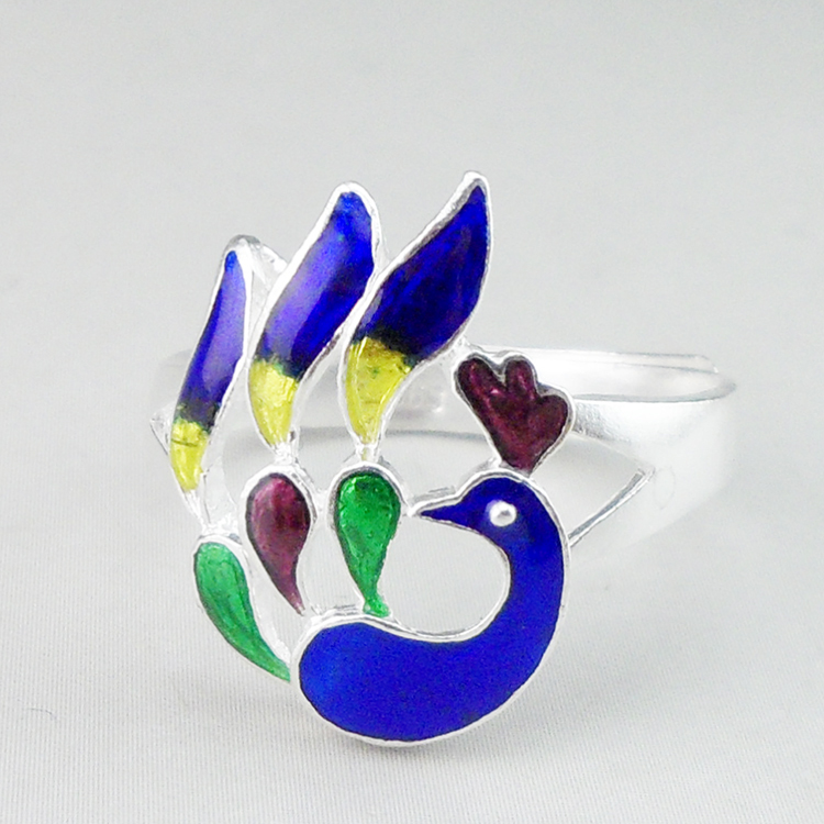 Handmade Chinese Cloisonne Filigree Silver Ring Colorful Enamel Peacock Open Adjustable 999 Sterling Silver Ring Women Oriental Ethnic Jewelry Gift - 图片 2