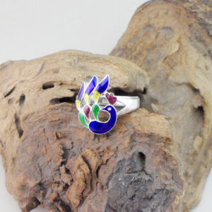 Handmade Chinese Cloisonne Filigree Silver Ring Colorful Enamel Peacock Open Adjustable 999 Sterling Silver Ring Women Oriental Ethnic Jewelry Gift