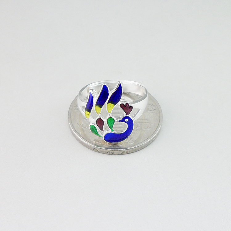Handmade Chinese Cloisonne Filigree Silver Ring Colorful Enamel Peacock Open Adjustable 999 Sterling Silver Ring Women Oriental Ethnic Jewelry Gift - 图片 7