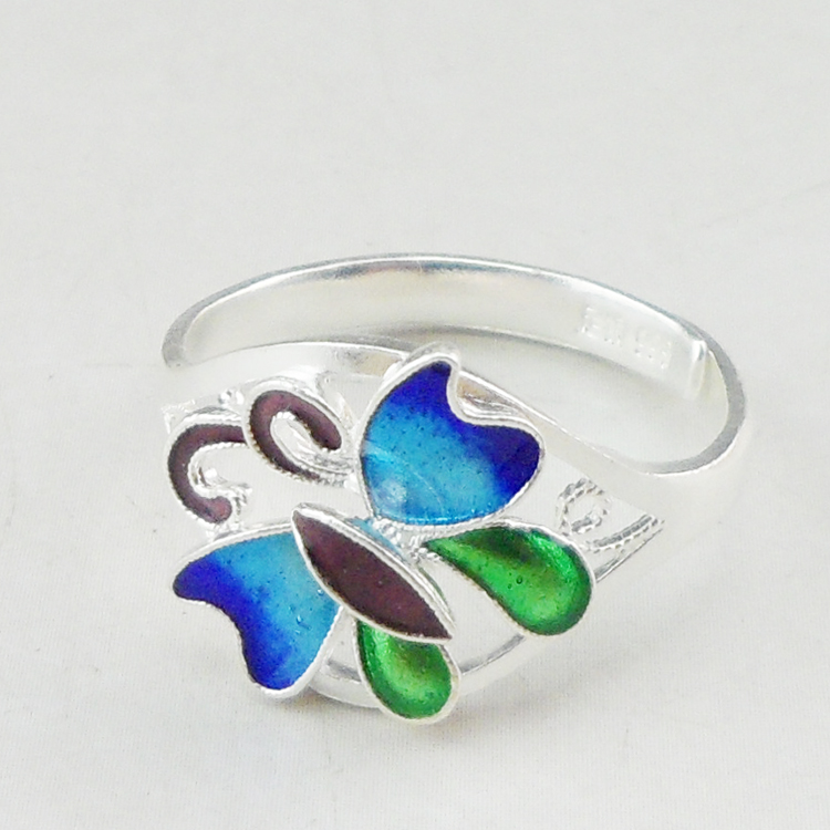 Handmade Chinese Cloisonne Filigree Silver Ring Gradient Blue Green Purple Enamel Butterfly Adjustable Open 999 Sterling Silver Ring Women Oriental Ethnic Jewelry Gift - 图片 2
