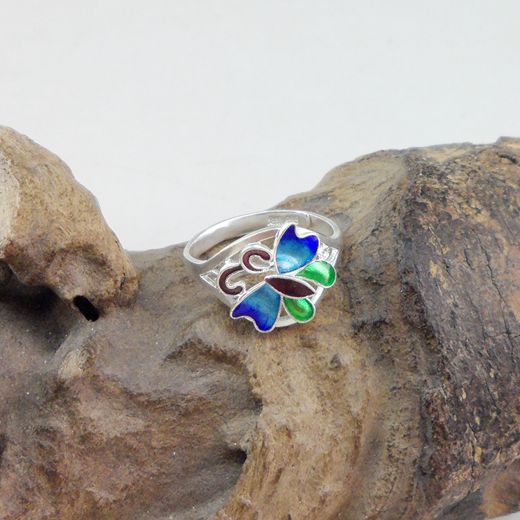 Handmade Chinese Cloisonne Filigree Silver Ring Gradient Blue Green Purple Enamel Butterfly Adjustable Open 999 Sterling Silver Ring Women Oriental Ethnic Jewelry Gift