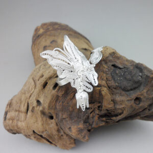 Handmade Chinese Filigree Pure Solid Silver Ring Large Hollow Butterfly With Fish Magnolia Flower Tassel Dangle Adjustable Ethnic Women Statement Jewelry Gift