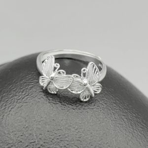 Handmade Chinese Filigree Pure Solid Silver Ring Double Intertwined Butterfly Hollow Mesh Adjustable Open Band Women Ethnic Vintage Finger Jewelry Gift