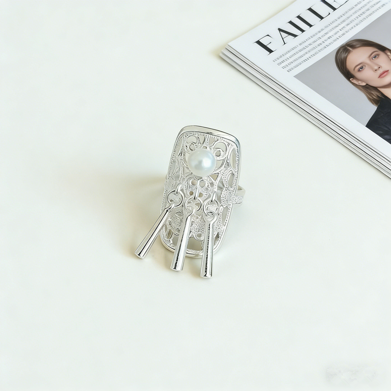 Vintage Hollow Filigree Pearl Tassel Statement Ring | Silver Tone Alloy Adjustable Open Band Boho Ethnic Women Dangle Finger Jewelry - 图片 6