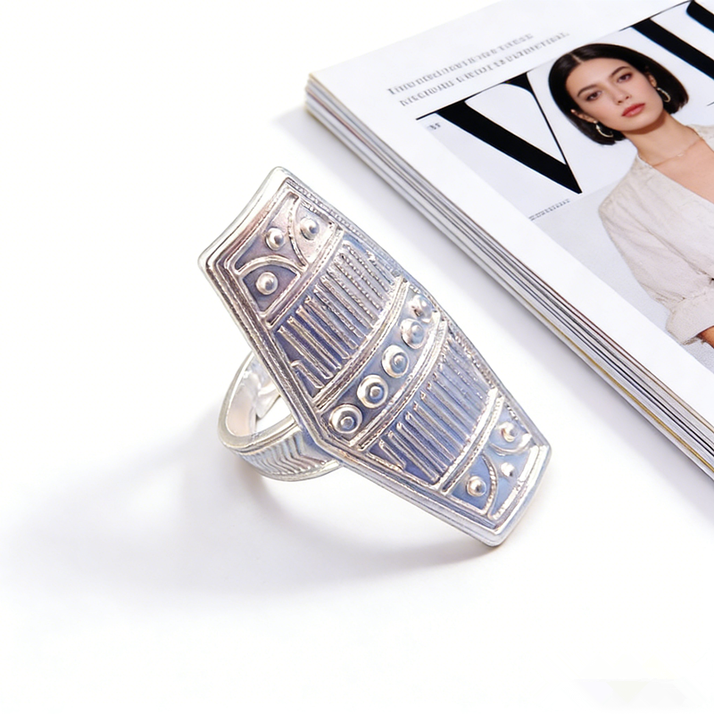 Handmade Ethnic Tribal Carved Statement Ring Vintage Geometric Rectangle Embossed Dot Line Pattern Adjustable Open Band Women Bohemian Fashion Jewelry Gift - 图片 3